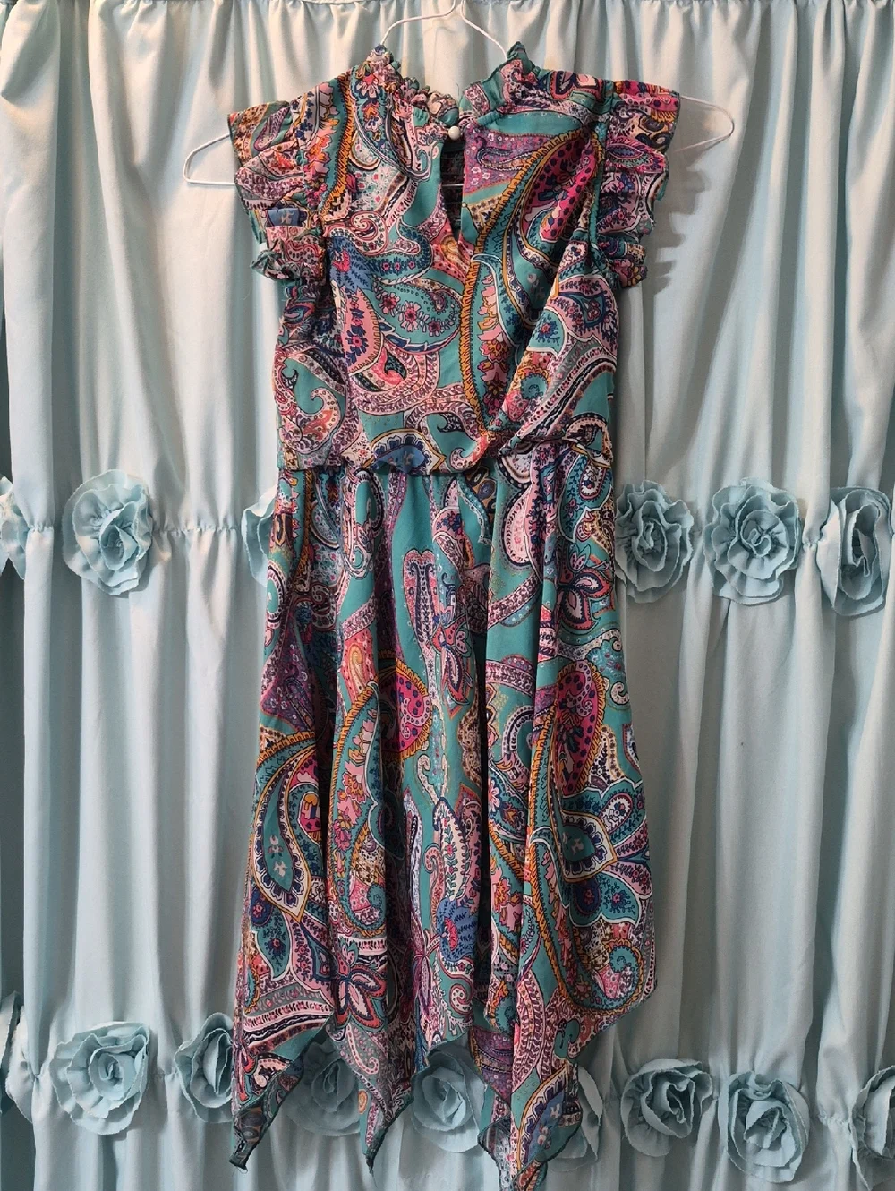 Speechless girls' turquoise  pink paisley handkerchief Asymmetrical hem Dress 8